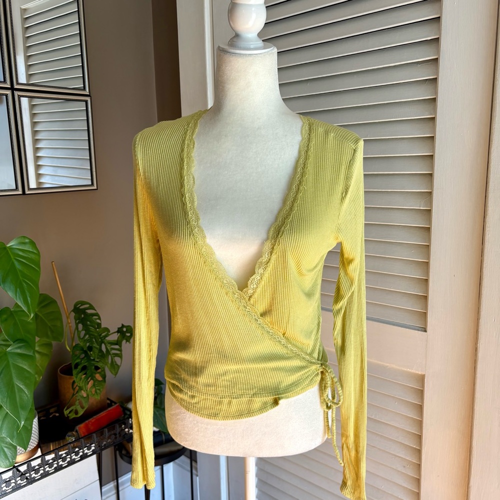 Urban Outfitters Chartreuse Ribbed Lace Trim Wrap Top